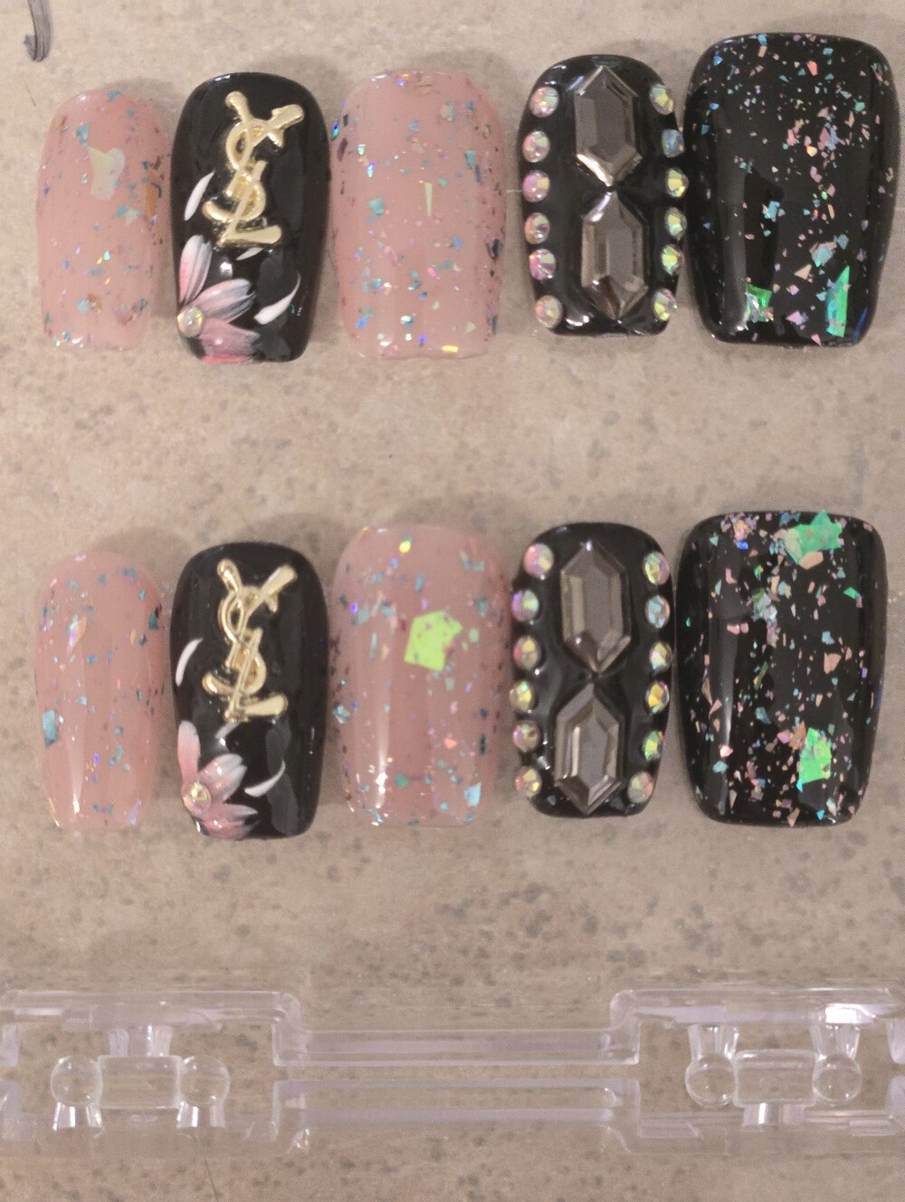 Luxery Inspired Logo Black & Nude Glitter Press-On Nails